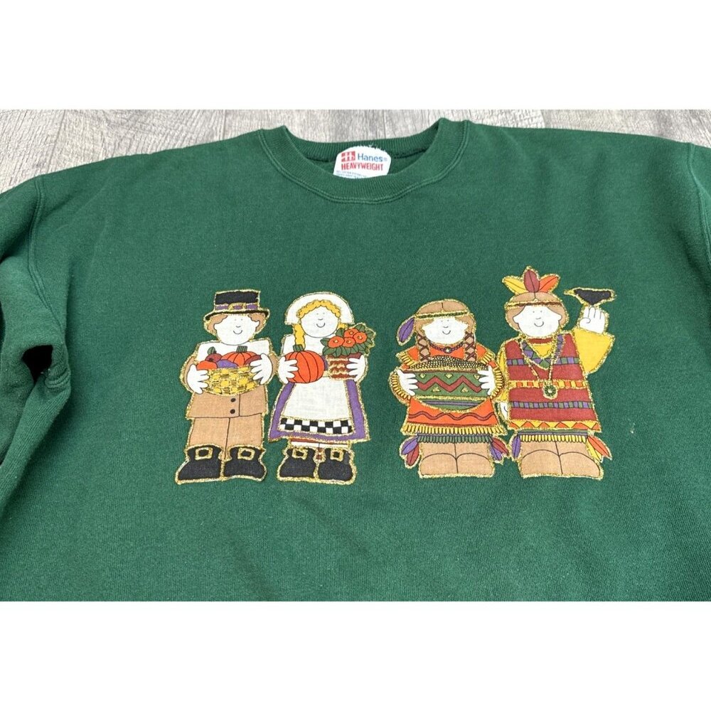 Vintage Hanes Halloween Pilgrim Sweatshirt Womens Large Fall Pumpkins Folk Art - Picture 3 of 10